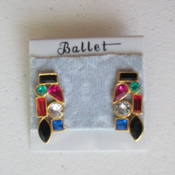 Ballet Multi color Stones Crystals Geometrical Shapes Motifs Stud Earrings - Picture 1 of 7